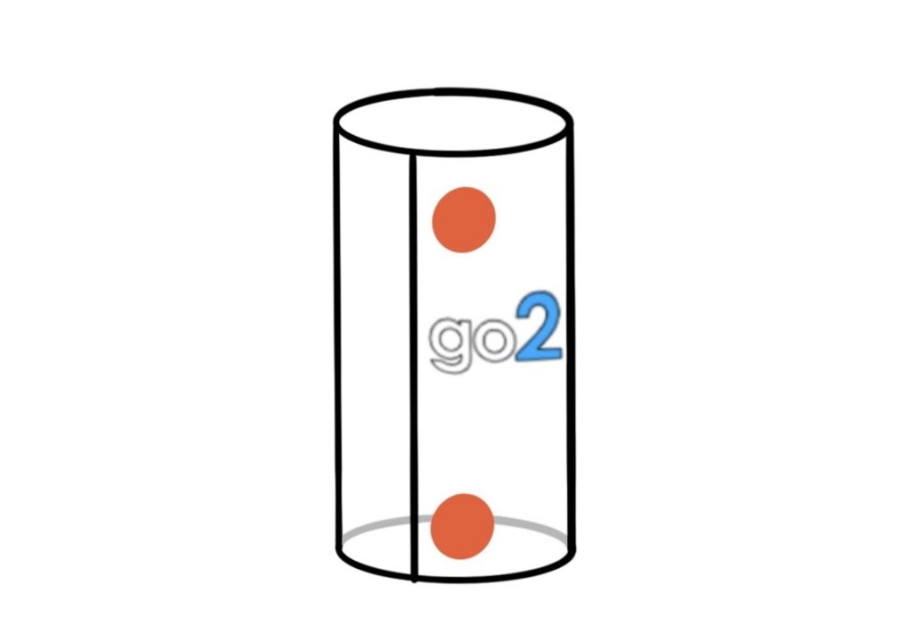 A clear vertical cylinder with orange snaps representing the go2 in storage mode